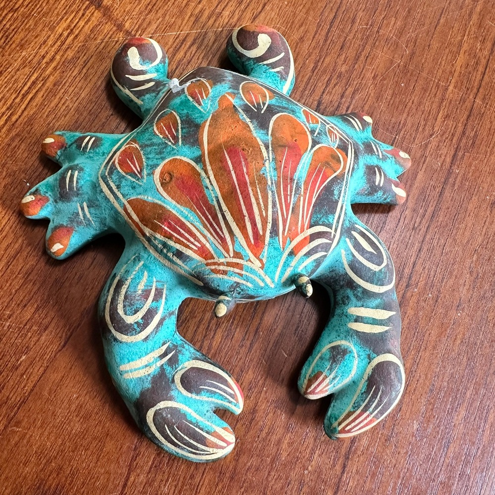 Mexican Folk Art Tonala Pottery Crab Turquoise Hand Painted Figurine 5.5in Boho